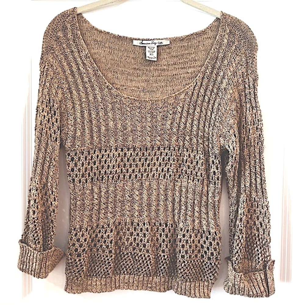 American Rag Scoop Neck Open Knit Sweater Boho Metallic Thread